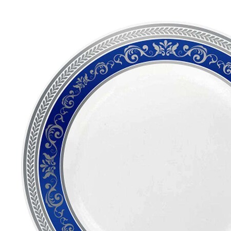 Smarty Had A Party 10.25" White with Blue and Silver Royal Rim Plastic Dinner Plates (120 Plates), 120PK 970BLS-CASE